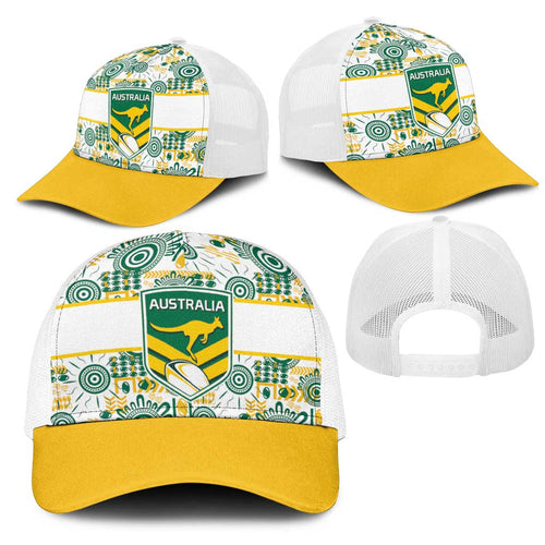 Australia Rugby Kangaroo Mesh Trucker Cap White Aboriginal Dot Geometry