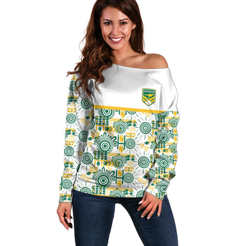 Australia Rugby Kangaroo Off Shoulder Sweater White Aboriginal Dot Geometry