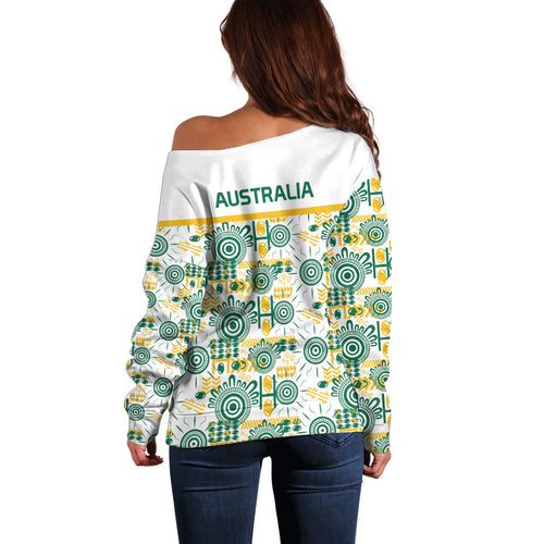 Australia Rugby Kangaroo Off Shoulder Sweater White Aboriginal Dot Geometry
