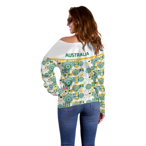 Australia Rugby Kangaroo Off Shoulder Sweater White Aboriginal Dot Geometry