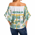 Australia Rugby Kangaroo Off Shoulder Wrap Waist Top White Aboriginal Dot Geometry