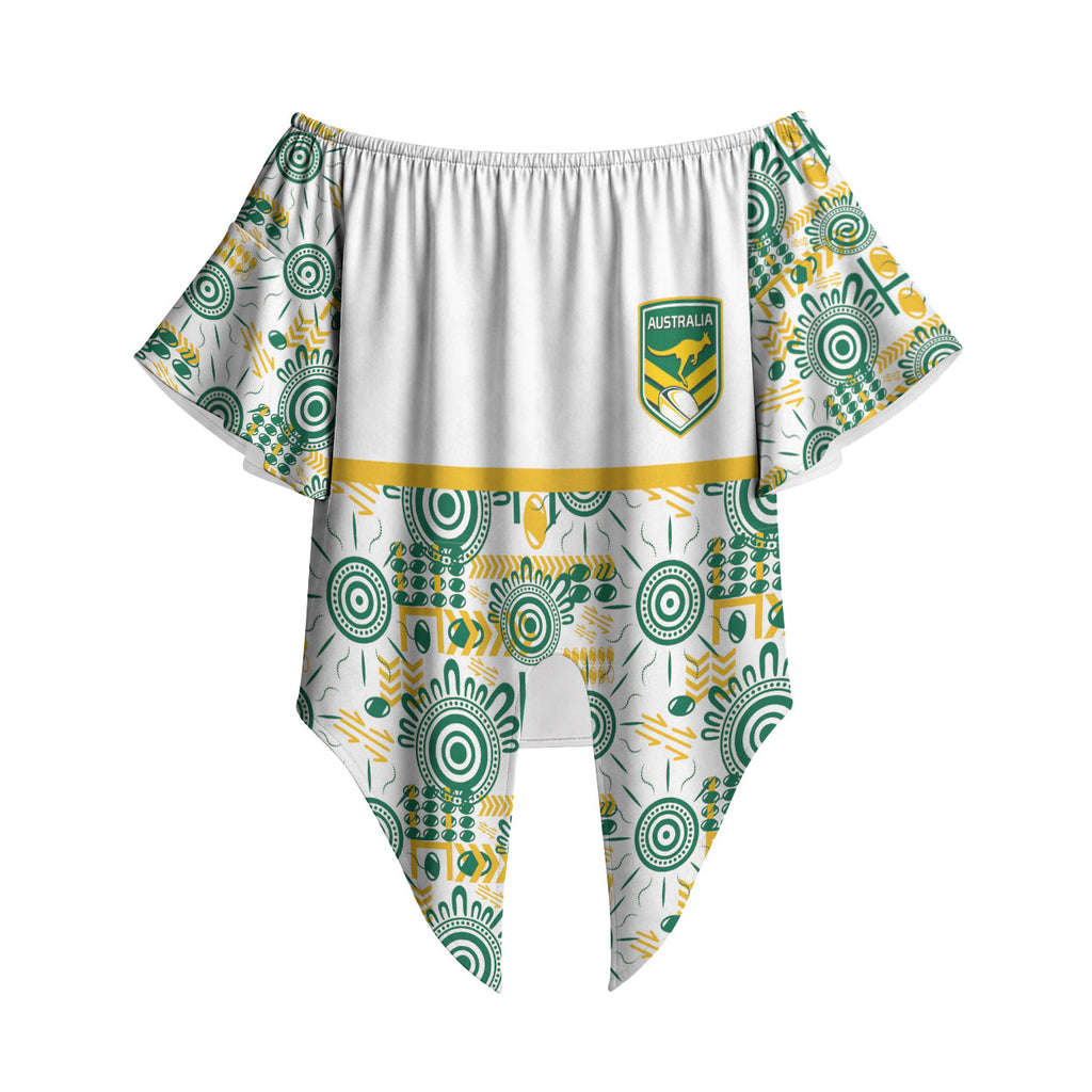 Australia Rugby Kangaroo Off Shoulder Wrap Waist Top White Aboriginal Dot Geometry