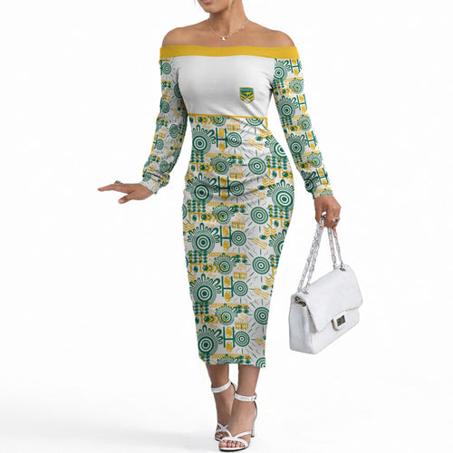 Australia Rugby Kangaroo Off The Shoulder Long Sleeve Dress White Aboriginal Dot Geometry