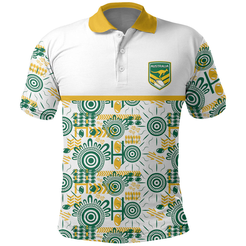 Australia Rugby Kangaroo Polo Shirt White Aboriginal Dot Geometry