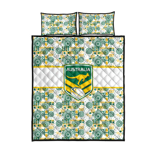 Australia Rugby Kangaroo Quilt Bed Set White Aboriginal Dot Geometry