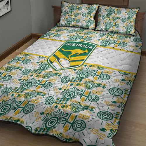 Australia Rugby Kangaroo Quilt Bed Set White Aboriginal Dot Geometry