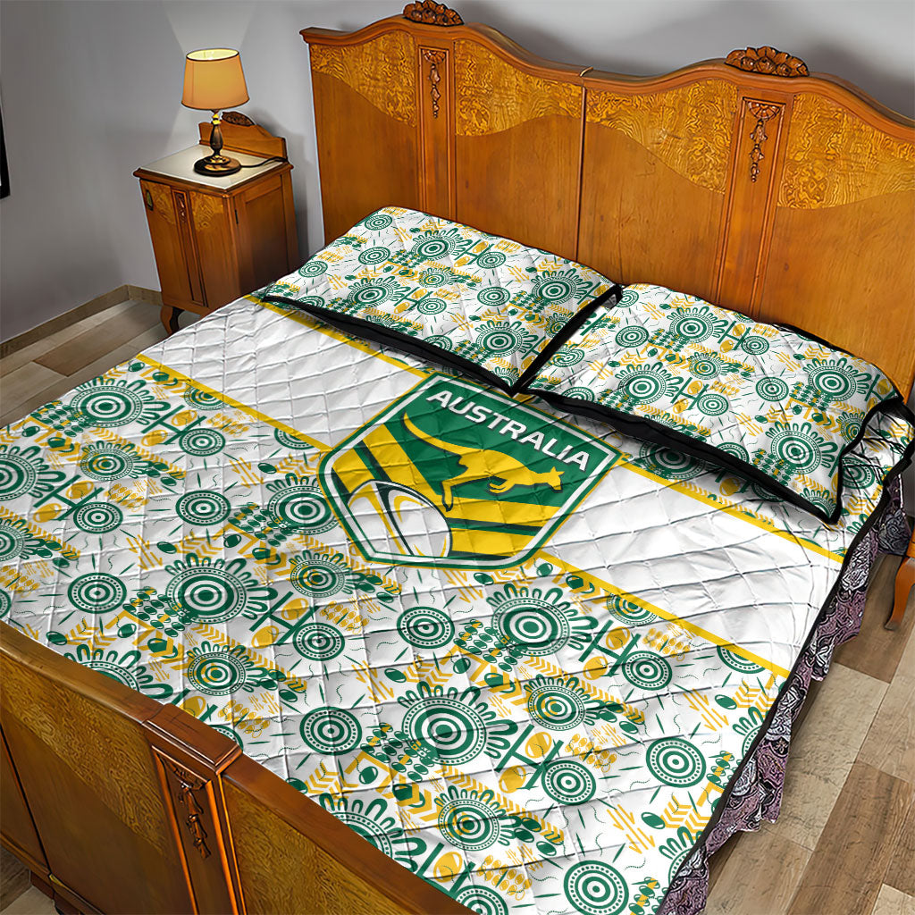 Australia Rugby Kangaroo Quilt Bed Set White Aboriginal Dot Geometry