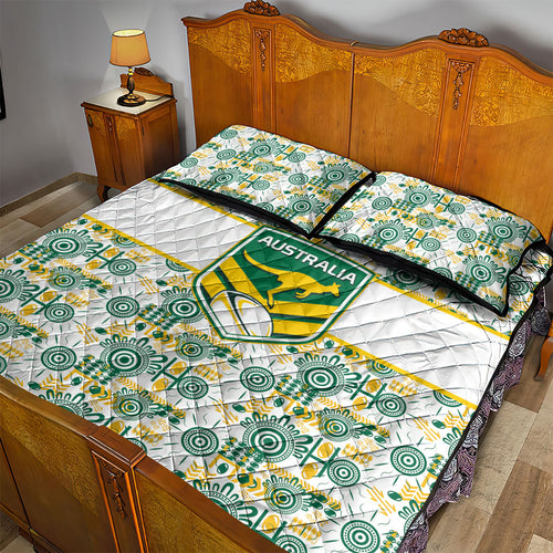 Australia Rugby Kangaroo Quilt Bed Set White Aboriginal Dot Geometry