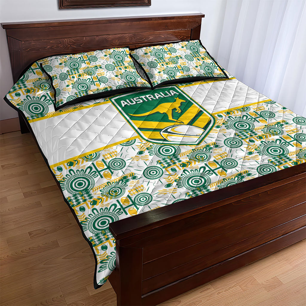 Australia Rugby Kangaroo Quilt Bed Set White Aboriginal Dot Geometry