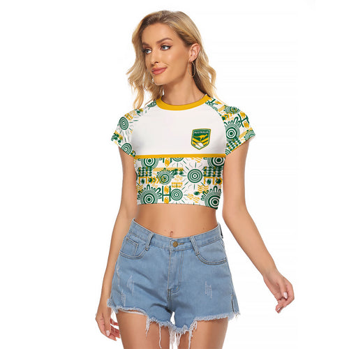 Australia Rugby Kangaroo Raglan Cropped T Shirt White Aboriginal Dot Geometry