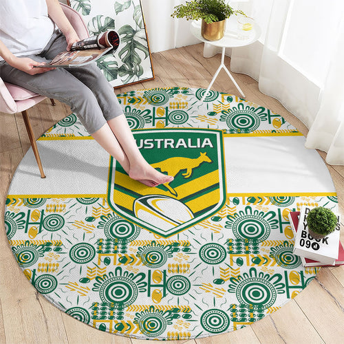 Australia Rugby Kangaroo Round Carpet White Aboriginal Dot Geometry