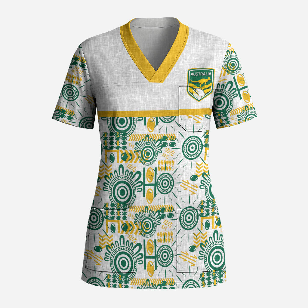 Australia Rugby Kangaroo Scrub Top White Aboriginal Dot Geometry