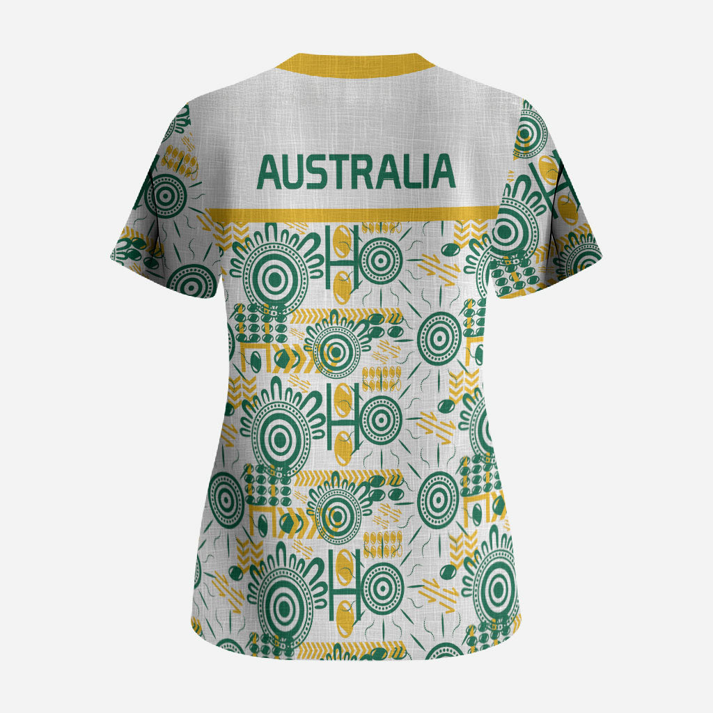 Australia Rugby Kangaroo Scrub Top White Aboriginal Dot Geometry