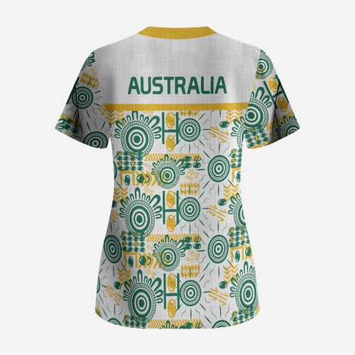 Australia Rugby Kangaroo Scrub Top White Aboriginal Dot Geometry