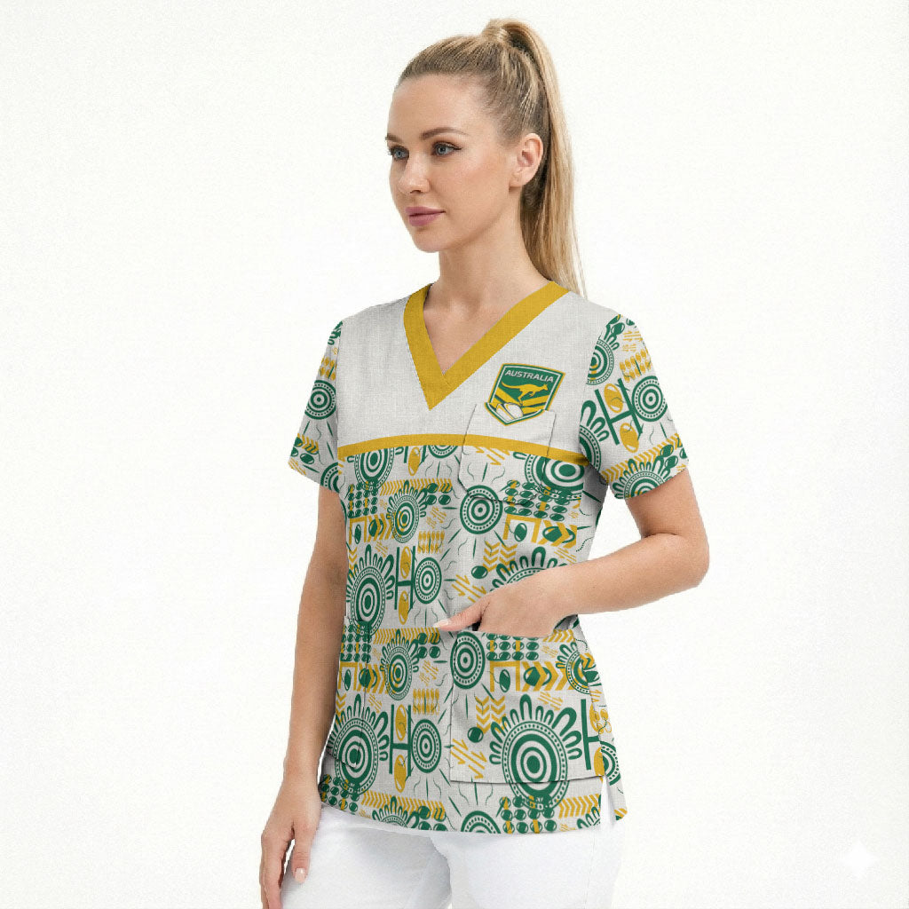 Australia Rugby Kangaroo Scrub Top White Aboriginal Dot Geometry
