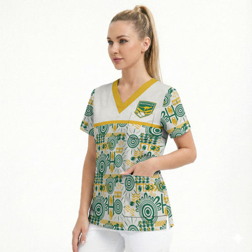 Australia Rugby Kangaroo Scrub Top White Aboriginal Dot Geometry
