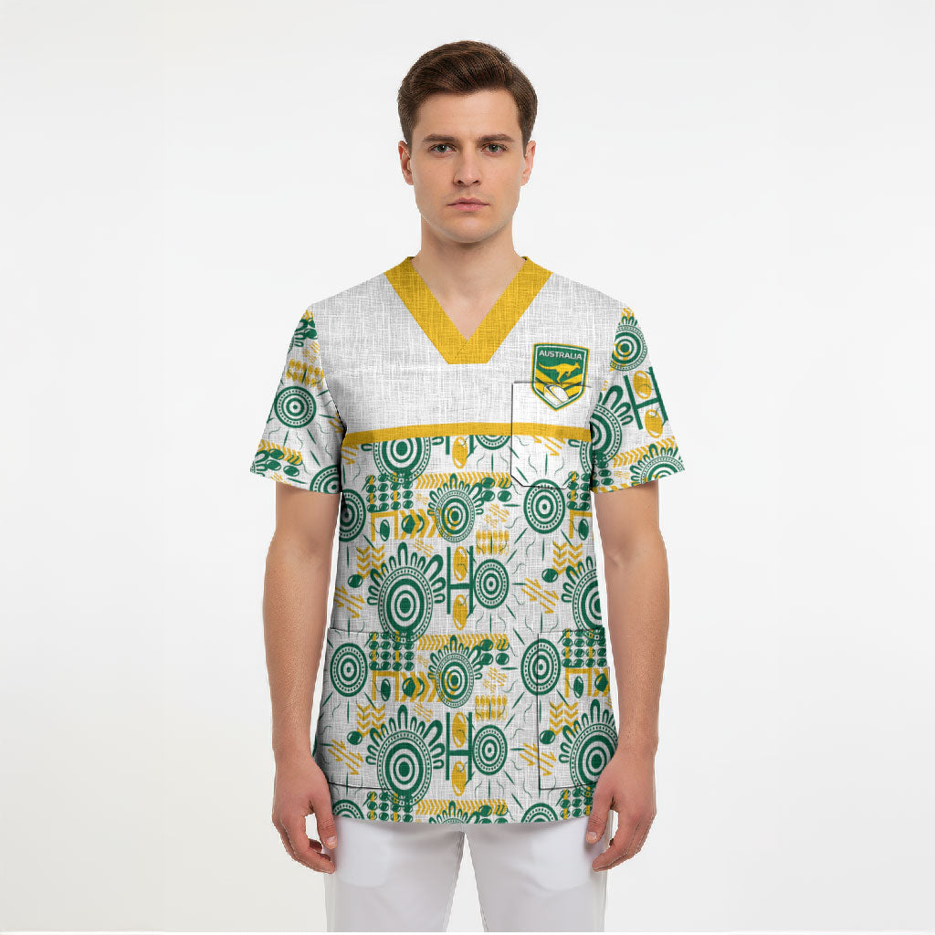 Australia Rugby Kangaroo Scrub Top White Aboriginal Dot Geometry