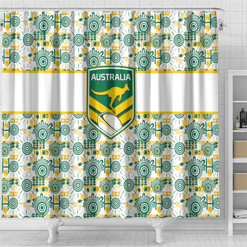 Australia Rugby Kangaroo Shower Curtain White Aboriginal Dot Geometry