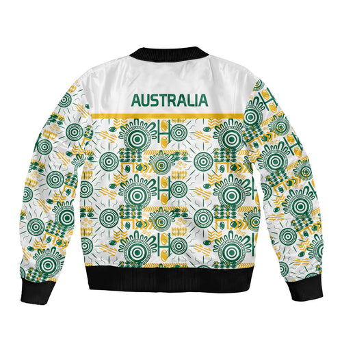 Australia Rugby Kangaroo Sleeve Zip Bomber Jacket White Aboriginal Dot Geometry