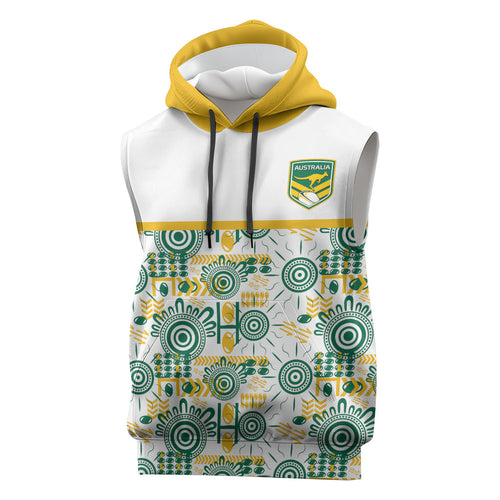 Australia Rugby Kangaroo Sleeveless Hoodie White Aboriginal Dot Geometry