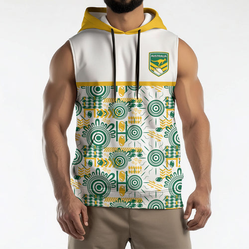 Australia Rugby Kangaroo Sleeveless Hoodie White Aboriginal Dot Geometry