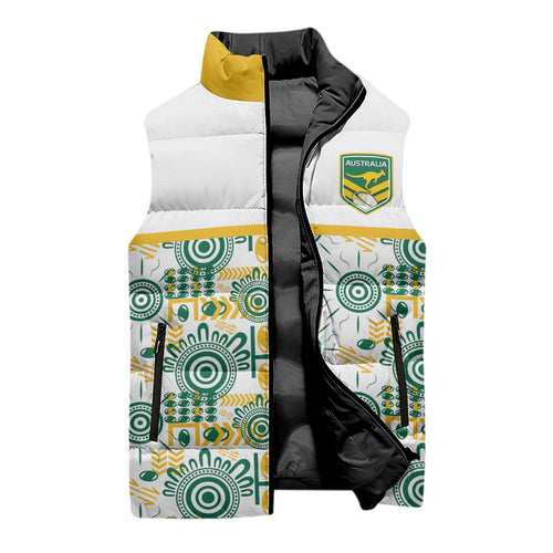 Australia Rugby Kangaroo Sleeveless Puffer Jacket White Aboriginal Dot Geometry