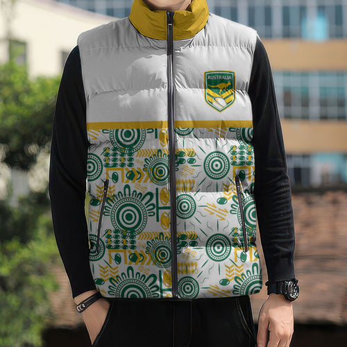 Australia Rugby Kangaroo Sleeveless Puffer Jacket White Aboriginal Dot Geometry