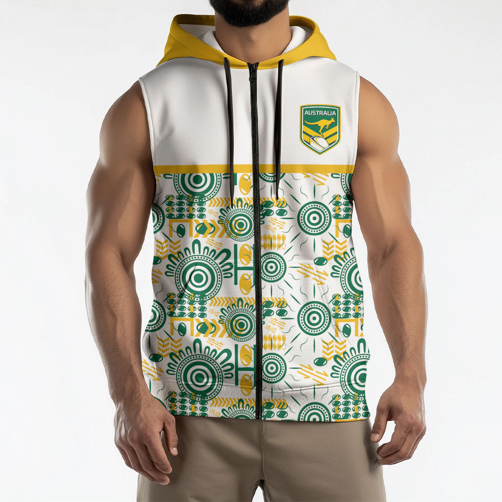 Australia Rugby Kangaroo Sleeveless Zip Hoodie White Aboriginal Dot Geometry