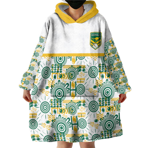 Australia Rugby Kangaroo Wearable Blanket Hoodie White Aboriginal Dot Geometry