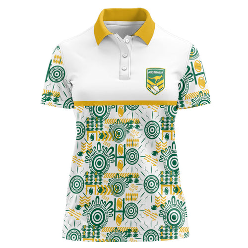 Australia Rugby Kangaroo Women Polo Shirt White Aboriginal Dot Geometry
