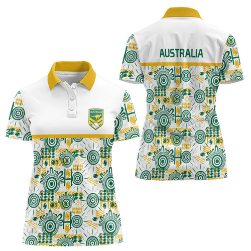 Australia Rugby Kangaroo Women Polo Shirt White Aboriginal Dot Geometry
