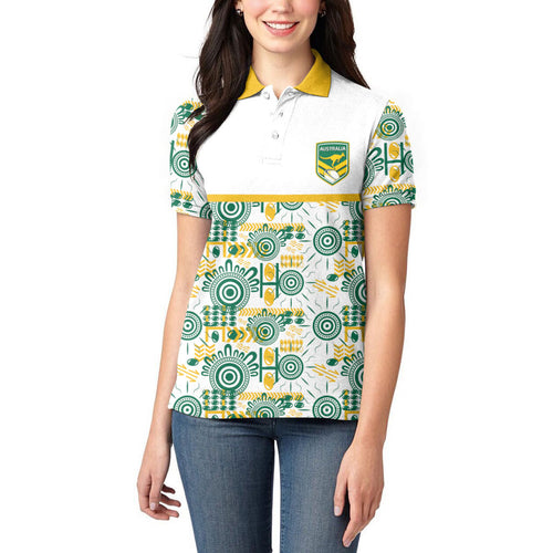 Australia Rugby Kangaroo Women Polo Shirt White Aboriginal Dot Geometry