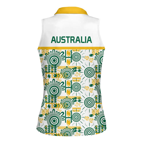 Australia Rugby Kangaroo Women Sleeveless Polo Shirt White Aboriginal Dot Geometry