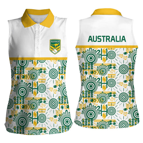 Australia Rugby Kangaroo Women Sleeveless Polo Shirt White Aboriginal Dot Geometry