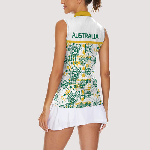 Australia Rugby Kangaroo Women Sleeveless Polo Shirt White Aboriginal Dot Geometry