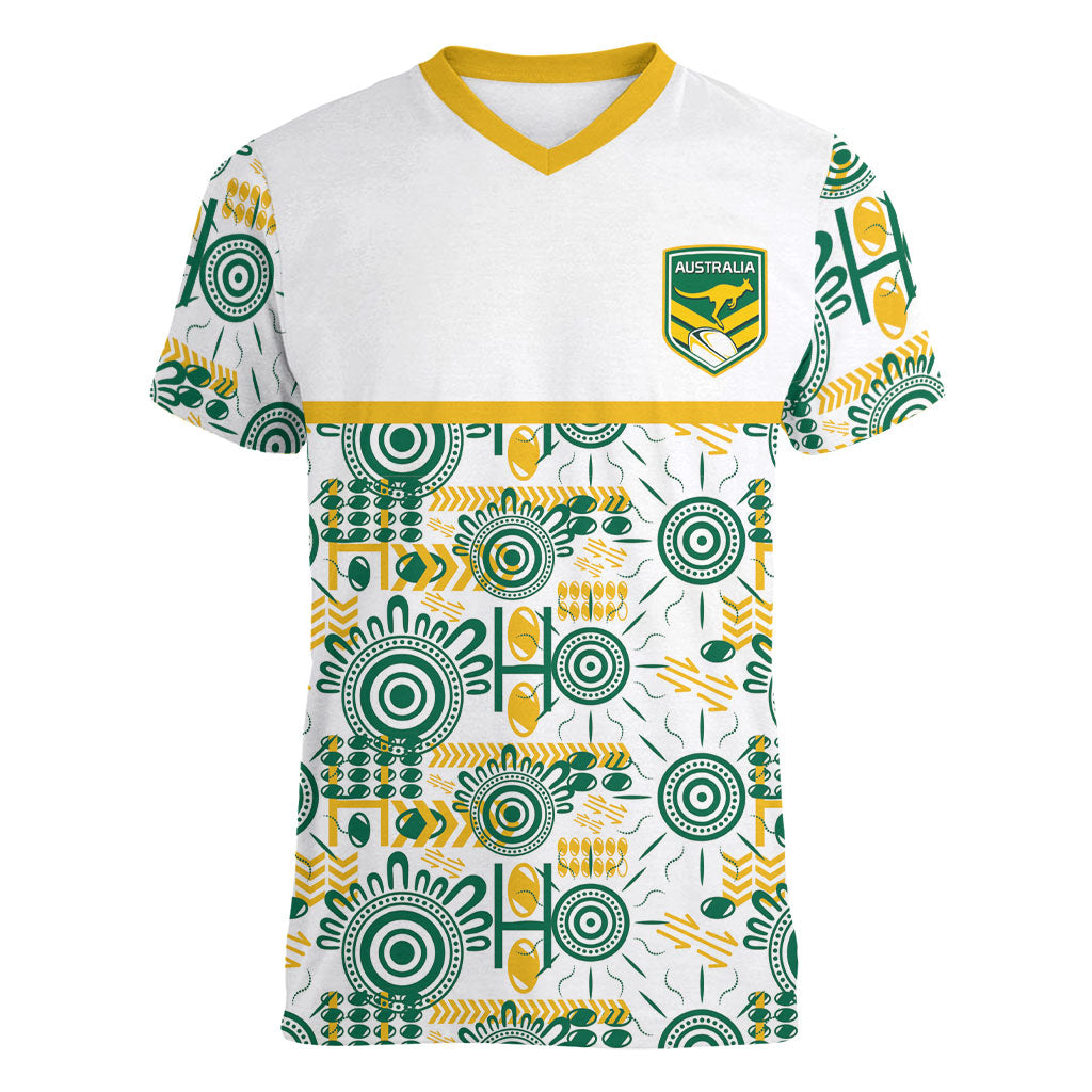 Australia Rugby Kangaroo Women V-Neck T-Shirt White Aboriginal Dot Geometry