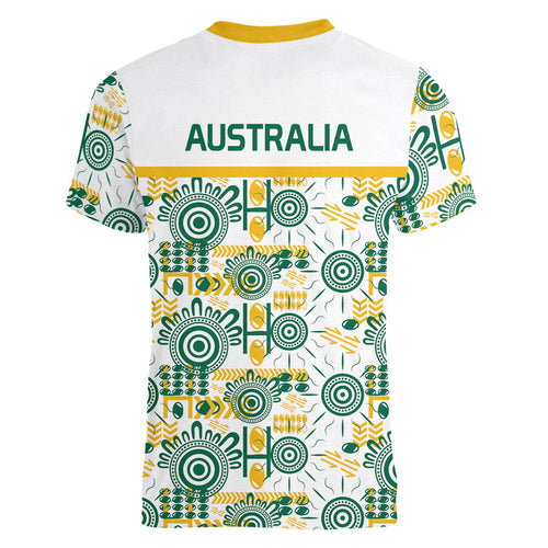 Australia Rugby Kangaroo Women V-Neck T-Shirt White Aboriginal Dot Geometry