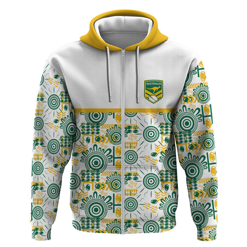 Australia Rugby Kangaroo Zip Hoodie White Aboriginal Dot Geometry