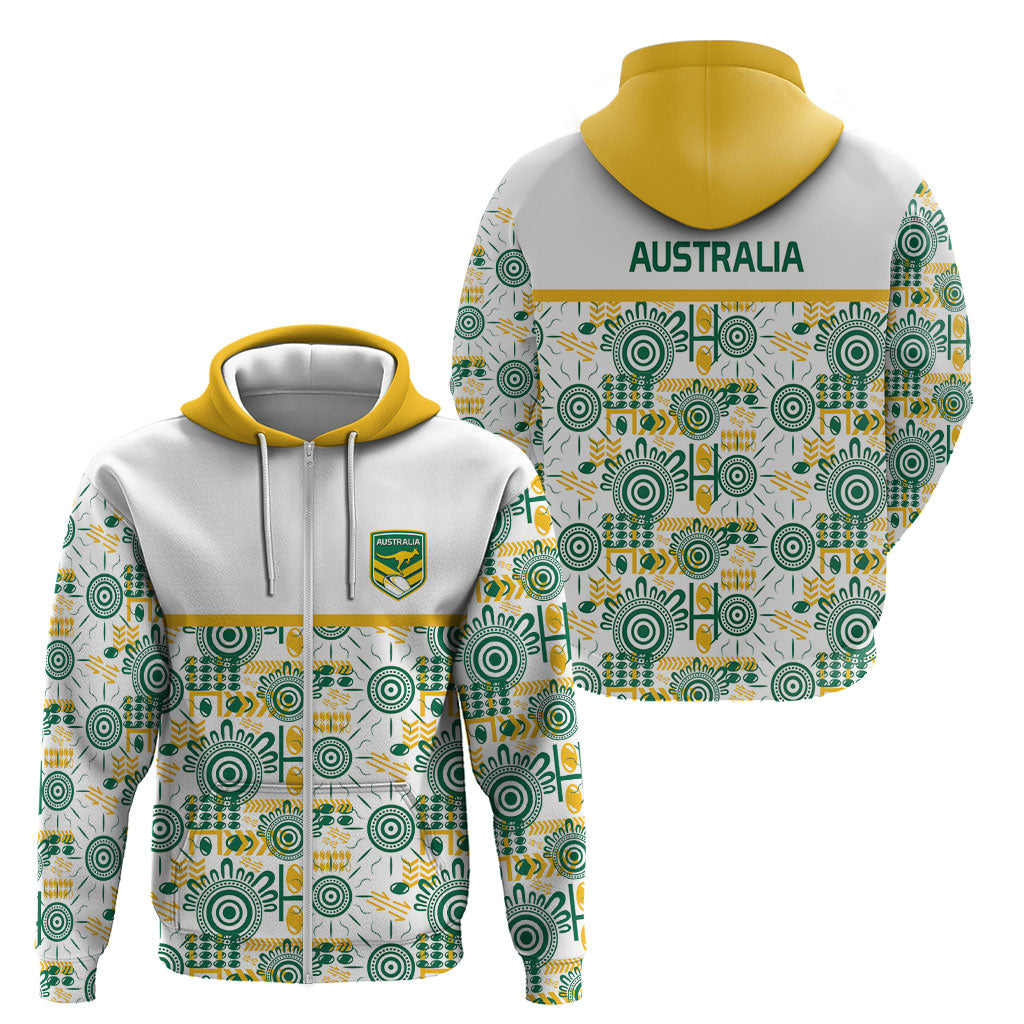 Australia Rugby Kangaroo Zip Hoodie White Aboriginal Dot Geometry