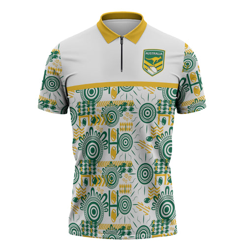 Australia Rugby Kangaroo Zipper Polo Shirt White Aboriginal Dot Geometry