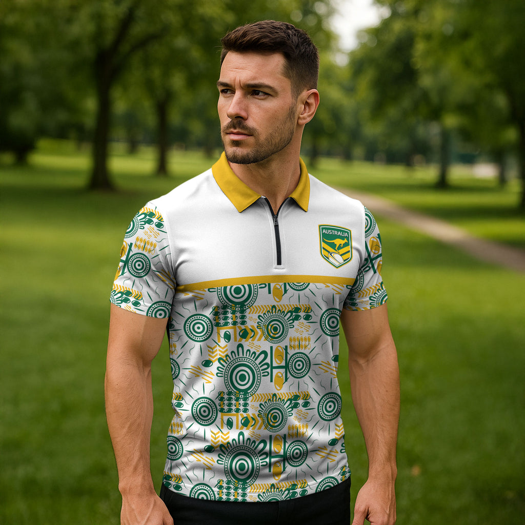 Australia Rugby Kangaroo Zipper Polo Shirt White Aboriginal Dot Geometry