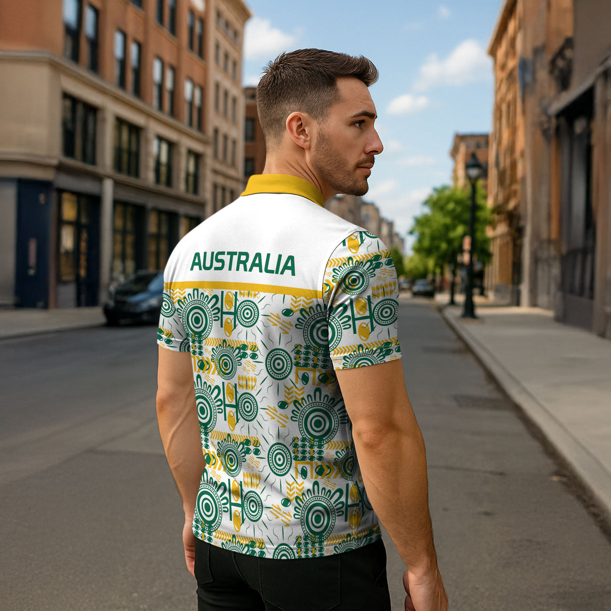 Australia Rugby Kangaroo Zipper Polo Shirt White Aboriginal Dot Geometry