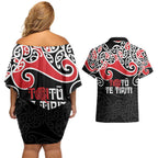 Aotearoa Toitu Te Tiriti Couples Matching Off Shoulder Short Dress and Hawaiian Shirt New Zealand Stand Together Stand Stronger