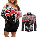 Aotearoa Toitu Te Tiriti Couples Matching Off Shoulder Short Dress and Long Sleeve Button Shirt New Zealand Stand Together Stand Stronger
