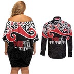Aotearoa Toitu Te Tiriti Couples Matching Off Shoulder Short Dress and Long Sleeve Button Shirt New Zealand Stand Together Stand Stronger