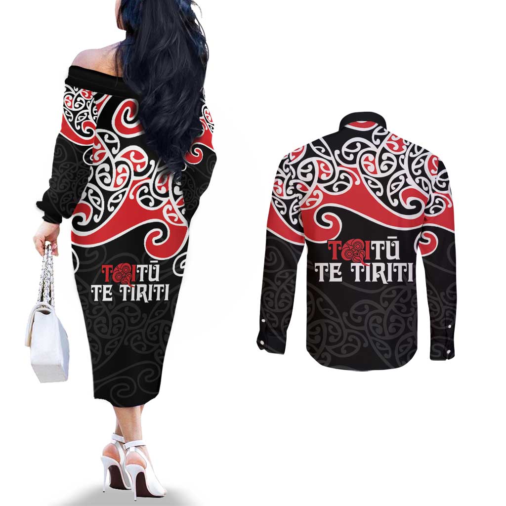 Aotearoa Toitu Te Tiriti Couples Matching Off The Shoulder Long Sleeve Dress and Long Sleeve Button Shirt New Zealand Stand Together Stand Stronger