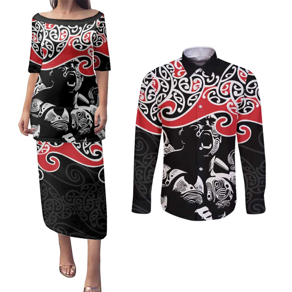 Aotearoa Toitu Te Tiriti Couples Matching Puletasi and Long Sleeve Button Shirt New Zealand Stand Together Stand Stronger