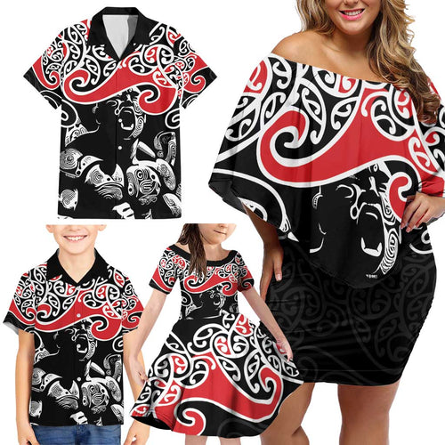 Aotearoa Toitu Te Tiriti Family Matching Off Shoulder Short Dress and Hawaiian Shirt New Zealand Stand Together Stand Stronger