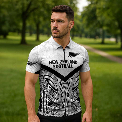 New Zealand Football Custom Zipper Polo Shirt All White Fern Go Champions - Aussie Hoodie