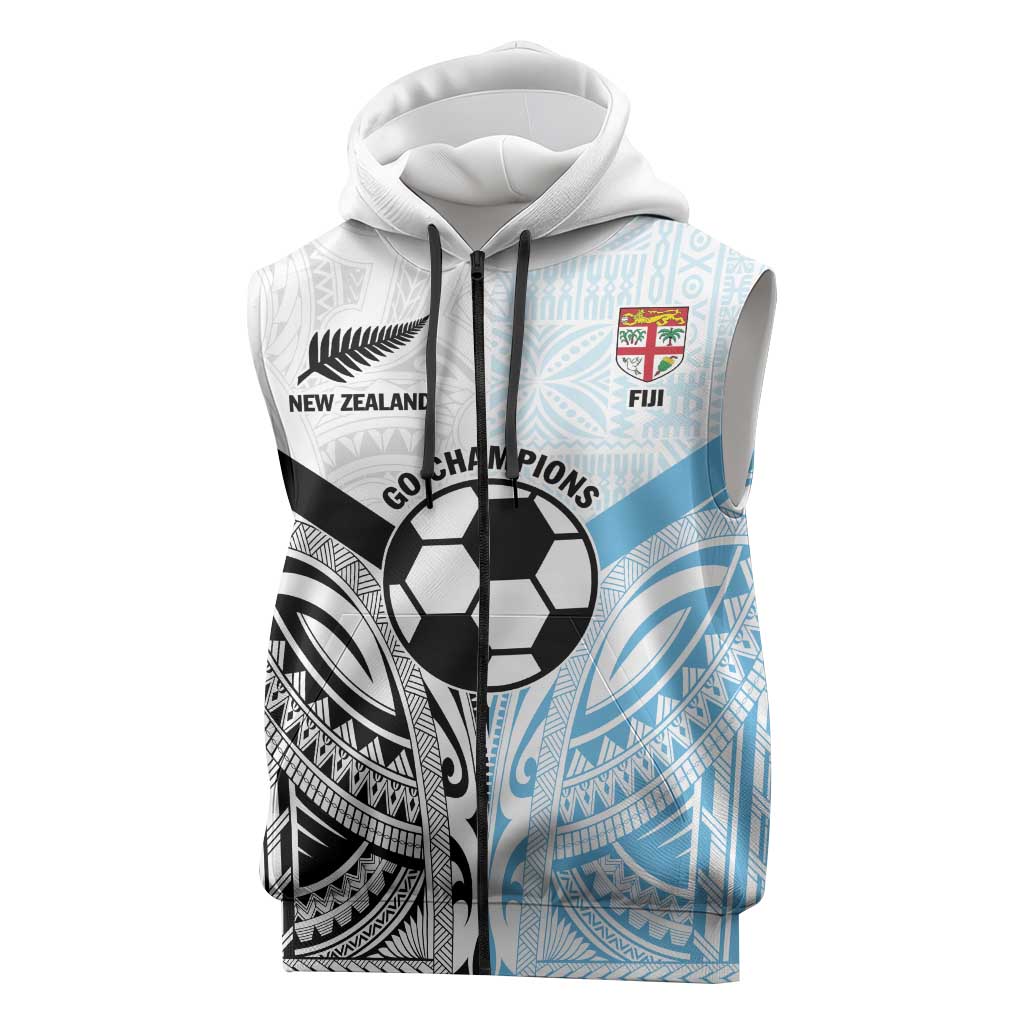 New Zealand-Fiji Football Custom Sleeveless Zip Hoodie Together Go Champions LT9